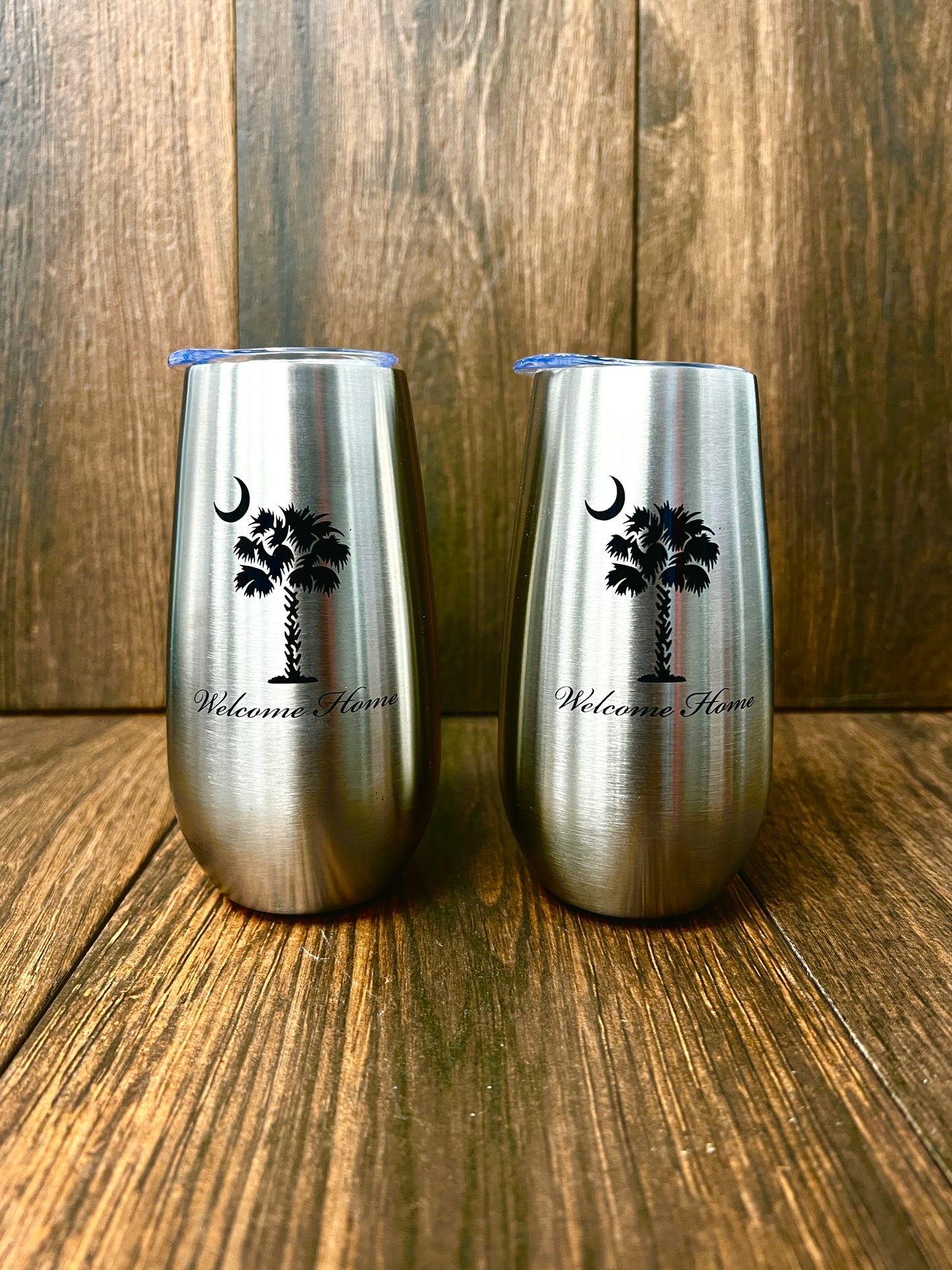 6oz Insulated Champagne Flute – “Welcome Home” with Palmetto Tree and Moon