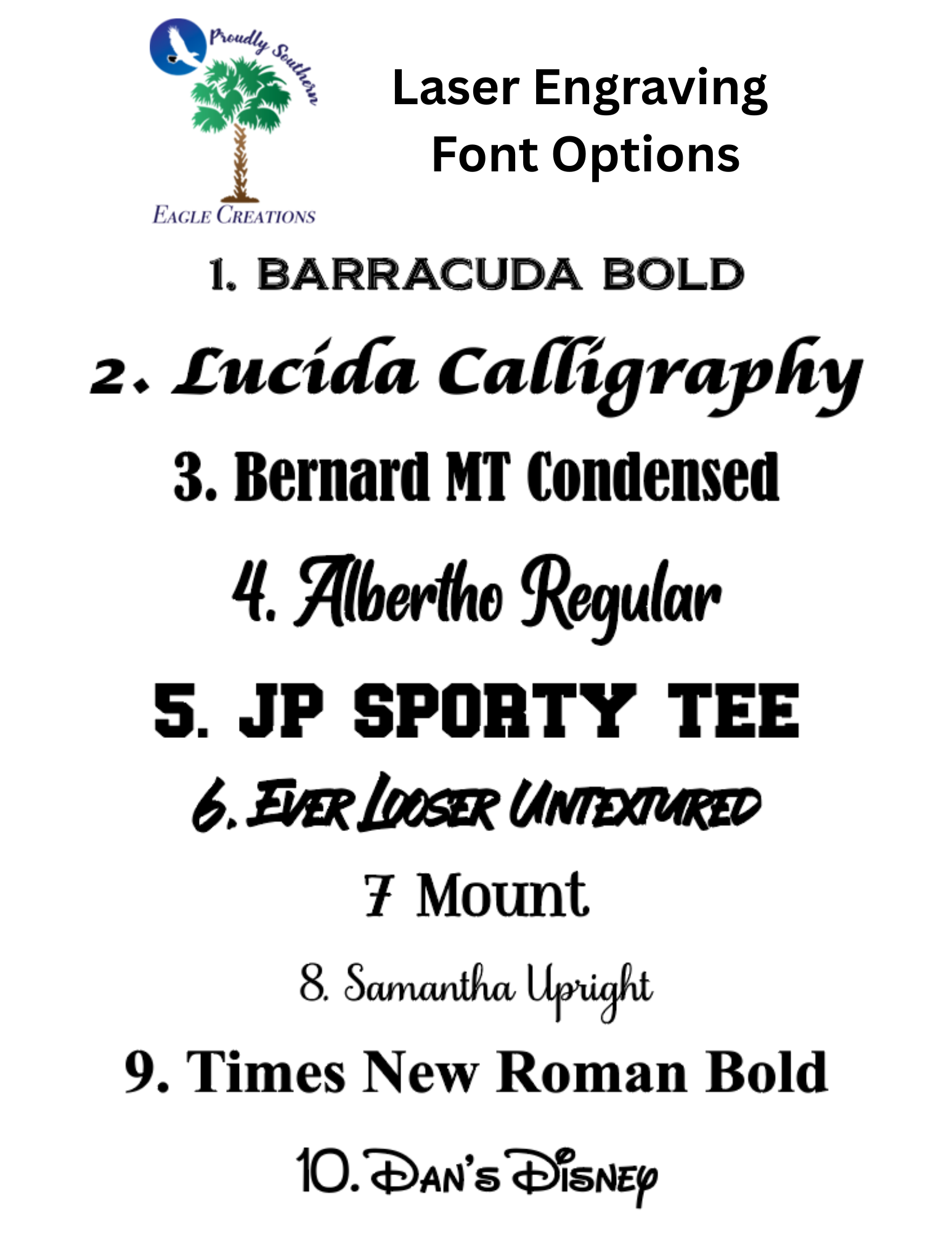 List of laser engraving font options on a white background